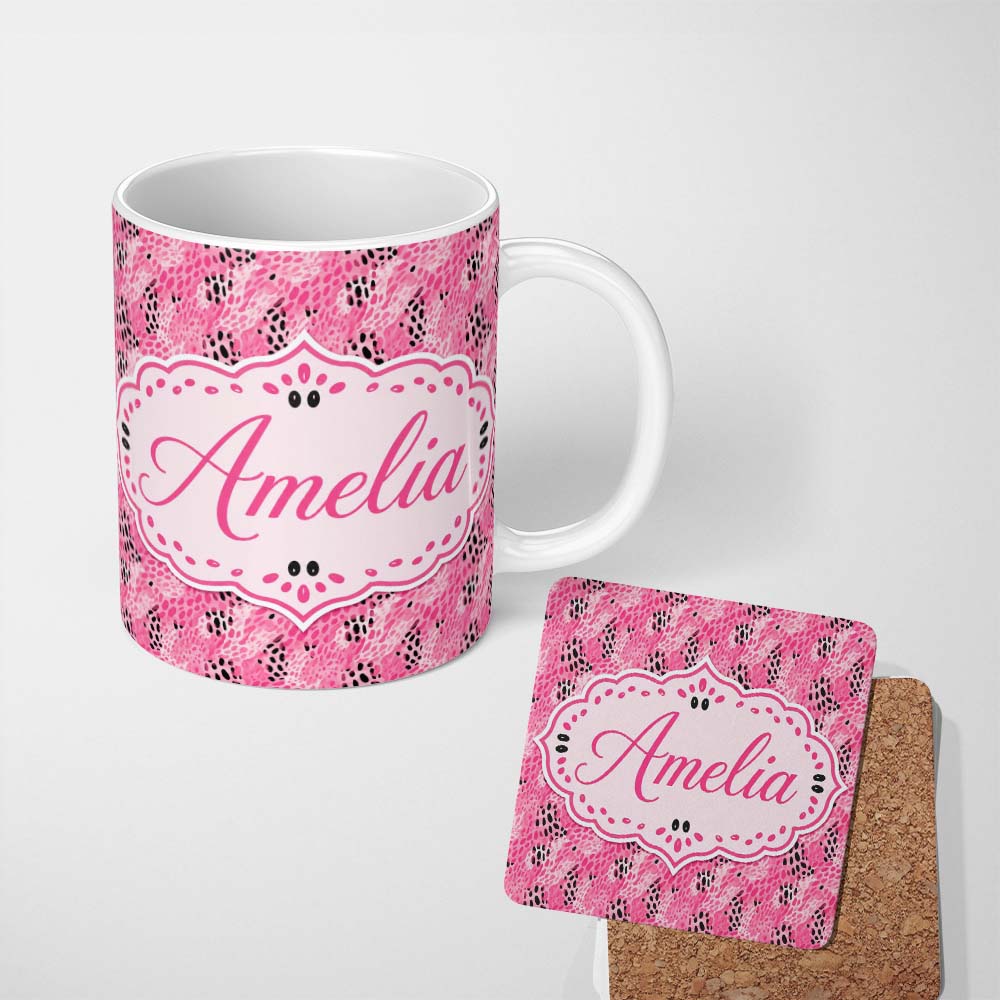 Personalized Custom Name Bold Pink and Black Abstract Animal Print Seamless Pattern Lovely 11oz Ceramic Coffee Tea Mug White Large Handle