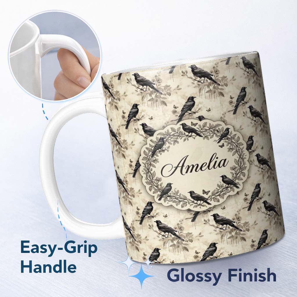 Personalized Custom Name Vintage Raven and Floral Grunge Seamless Pattern in Neutral Tones 11oz Ceramic Coffee Tea Mug White Large Handle
