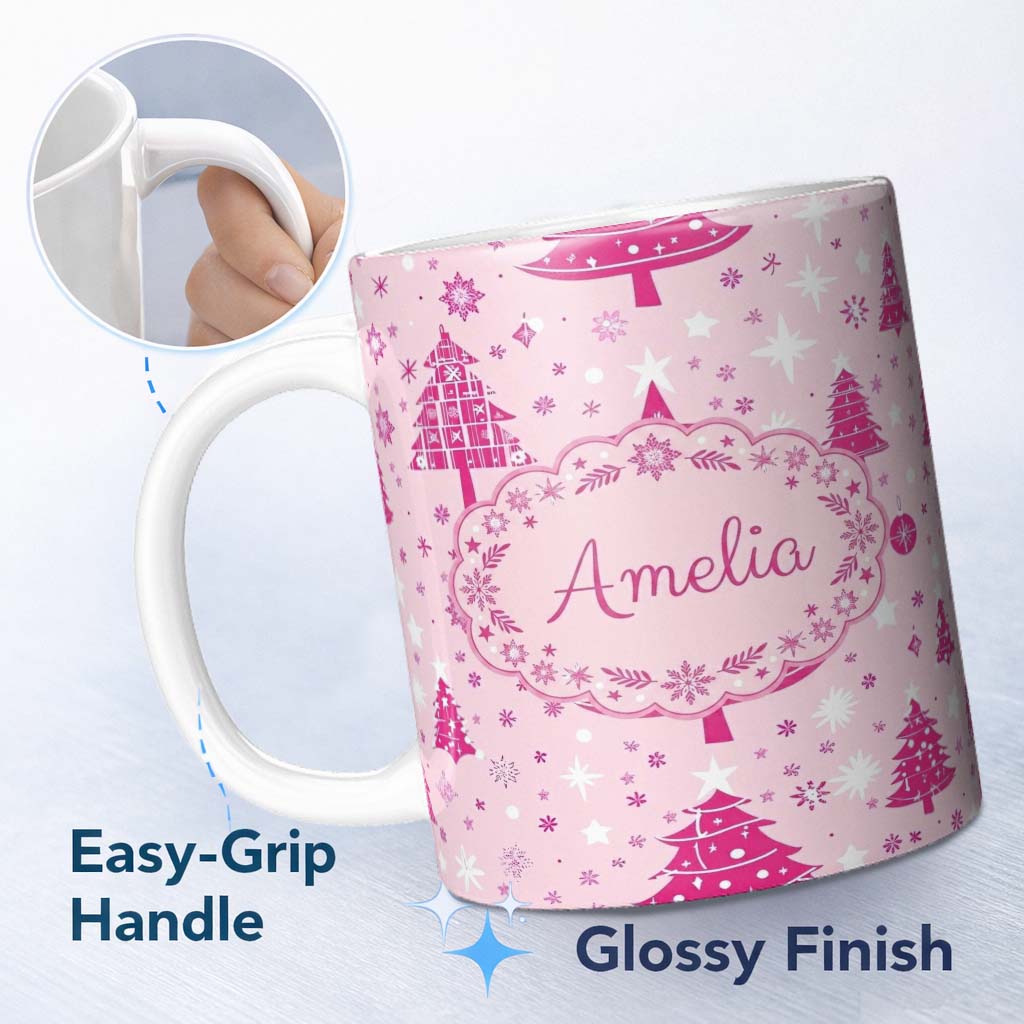 Personalized Custom Name Cute Pink Christmas Trees Snowflakes Stars Seamless Pattern Lovely 11oz Ceramic Coffee Tea Mug White Large Handle