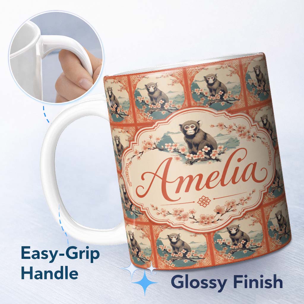 Personalized Custom Name Oriental Style Monkey Blossom Frame Pattern Coral Background Lovely 11oz Ceramic Coffee Tea Mug White Large Handle
