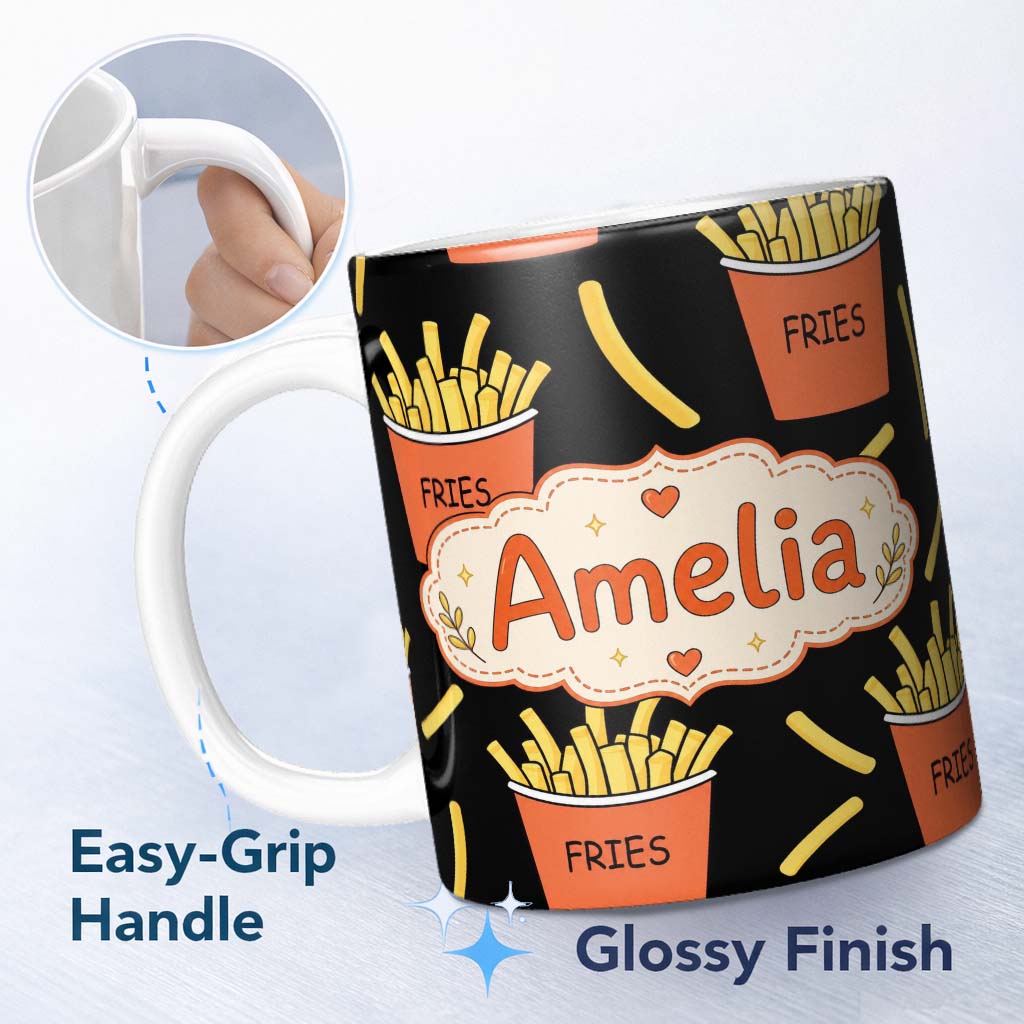 Personalized Custom Name Cute French Fries Cartoon Snack Food Black Background Seamless 11oz Ceramic Coffee Tea Mug White Large Handle