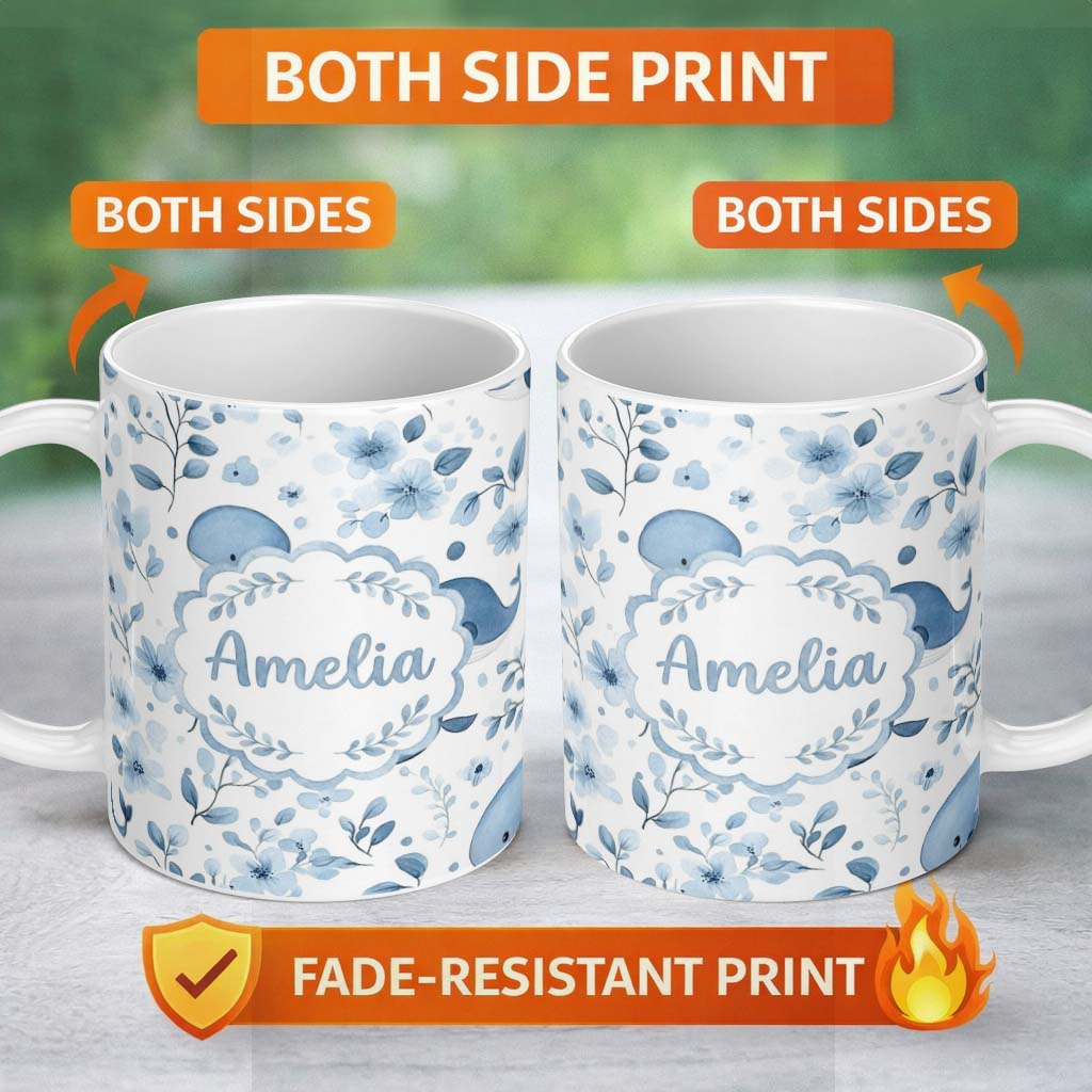 Personalized Custom Name Cute Blue Whale with Floral Background Seamless Pattern Lovely 11oz Ceramic Coffee Tea Mug White Large Handle