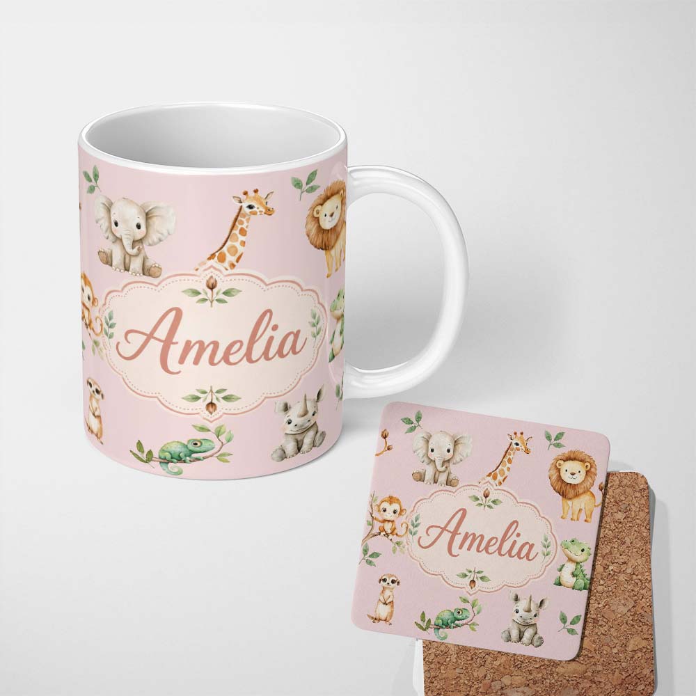 Personalized Custom Name Safari Animals with Elephant Lion and Crocodile on Blush Pink Lovely 11oz Ceramic Coffee Tea Mug White Large Handle