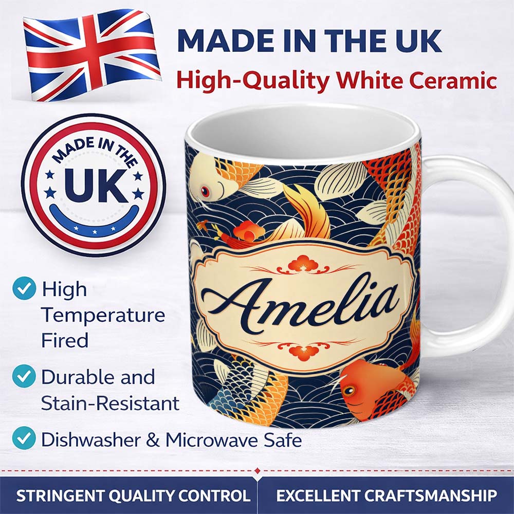 Personalized Custom Name Decorative Koi Fish with Geometric Wave Background Pattern Asian 11oz Ceramic Coffee Tea Mug White Large Handle