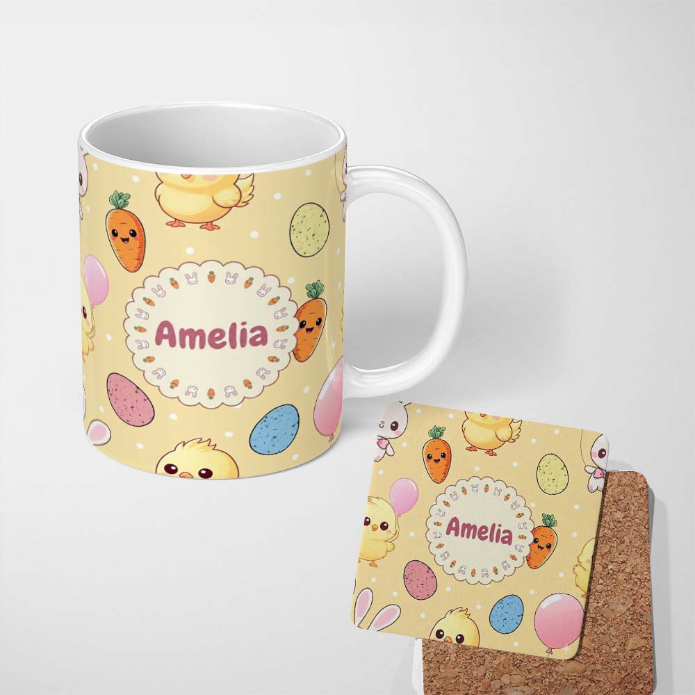 Personalized Custom Name Cute Easter Bunny Chick Carrots Eggs Polka Dot Pastel Yellow Lovely 11oz Ceramic Coffee Tea Mug White Large Handle