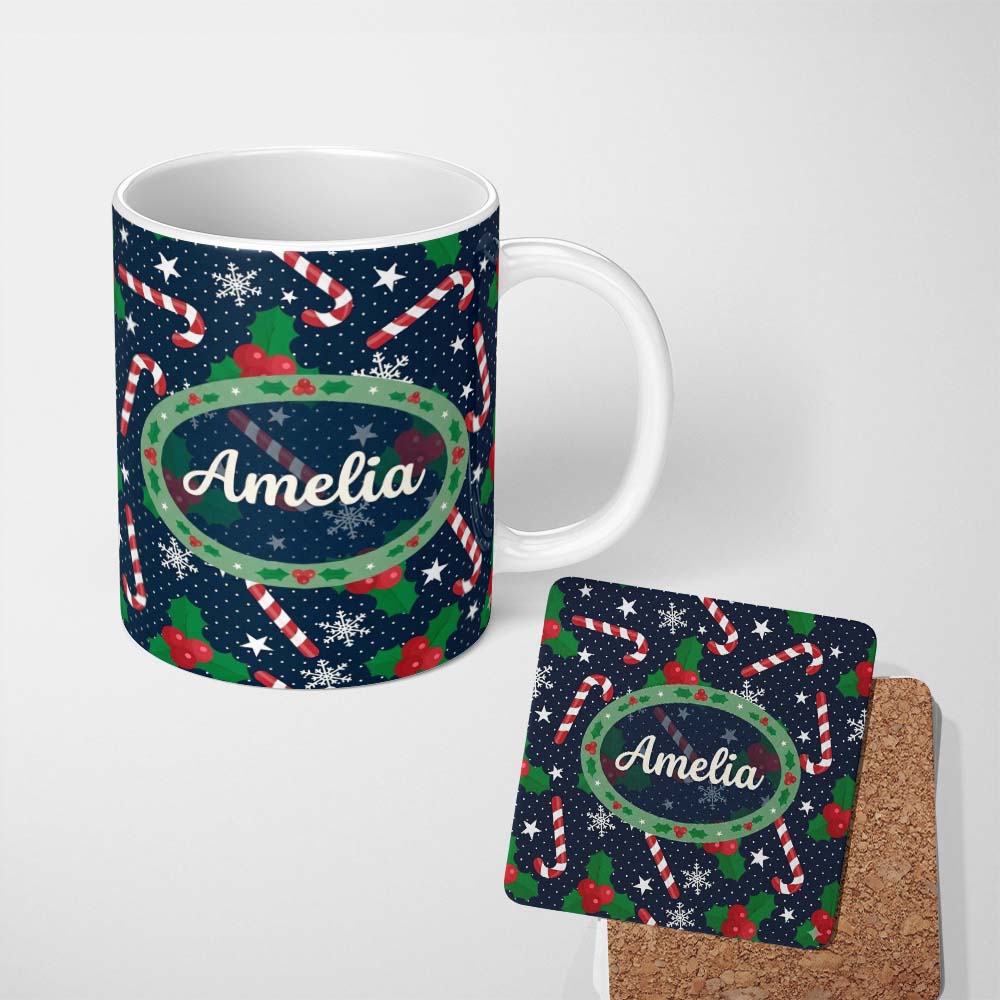 Personalized Custom Name Dark Winter Candy Cane Holly Snowflake Night Seamless Pattern Lovely 11oz Ceramic Coffee Tea Mug White Large Handle