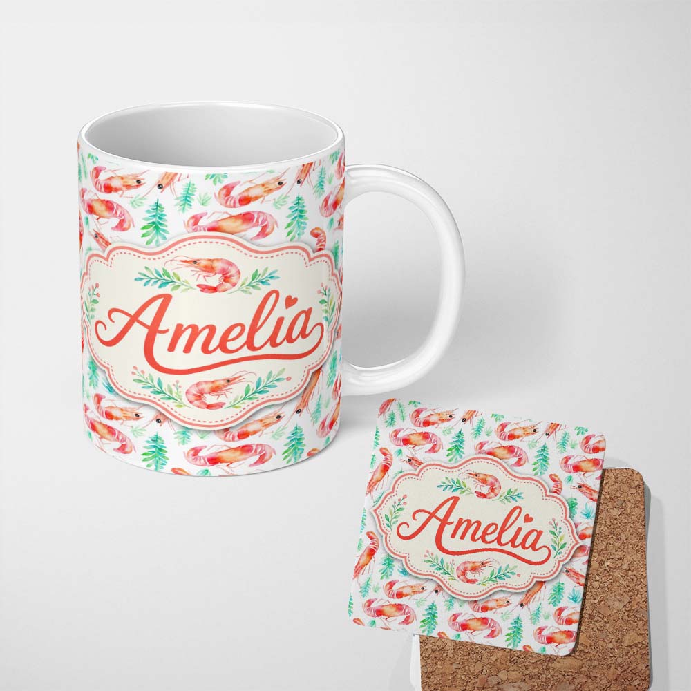 Personalized Custom Name Watercolour Shrimp with Green Seaweed on Soft Background Seamless 11oz Ceramic Coffee Tea Mug White Large Handle
