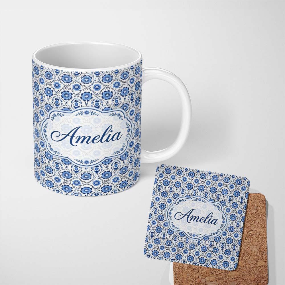 Personalized Custom Name Blue Floral Folk Art Seamless Pattern Decorative Botanical Tile 11oz Ceramic Coffee Tea Mug White Large Handle