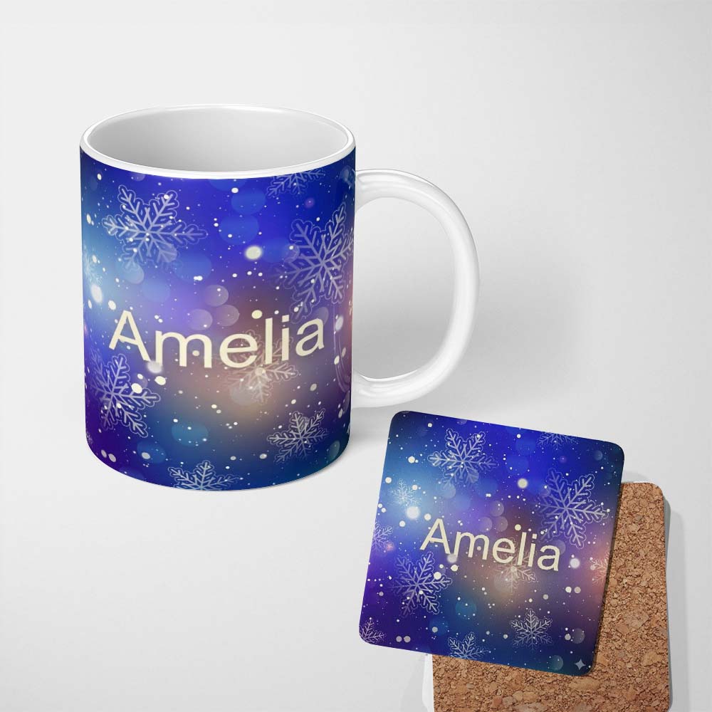 Personalized Custom Name Blue Snowflake Bokeh Winter Seamless Pattern Design Soft Glow Lovely 11oz Ceramic Coffee Tea Mug White Large Handle