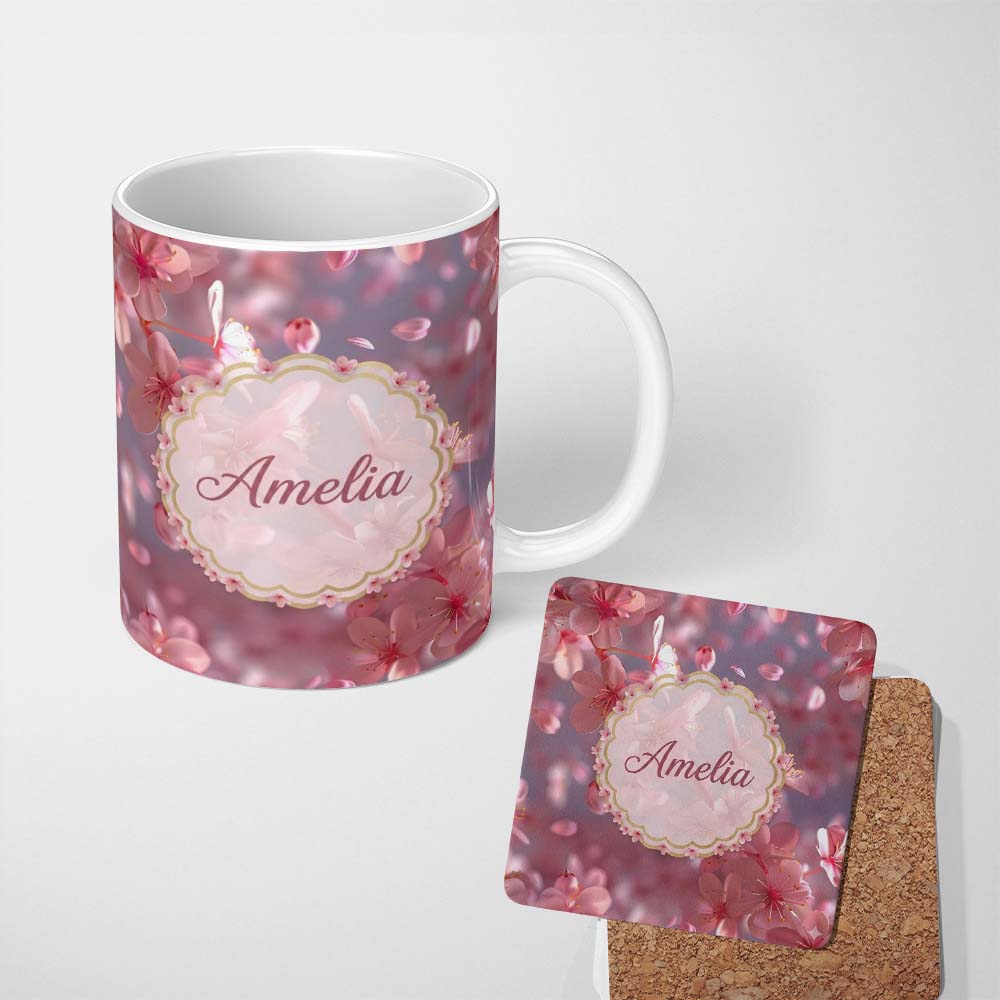 Personalized Custom Name Soft Pink Cherry Blossom Petals Floating in Air Pattern Romantic 11oz Ceramic Coffee Tea Mug White Large Handle