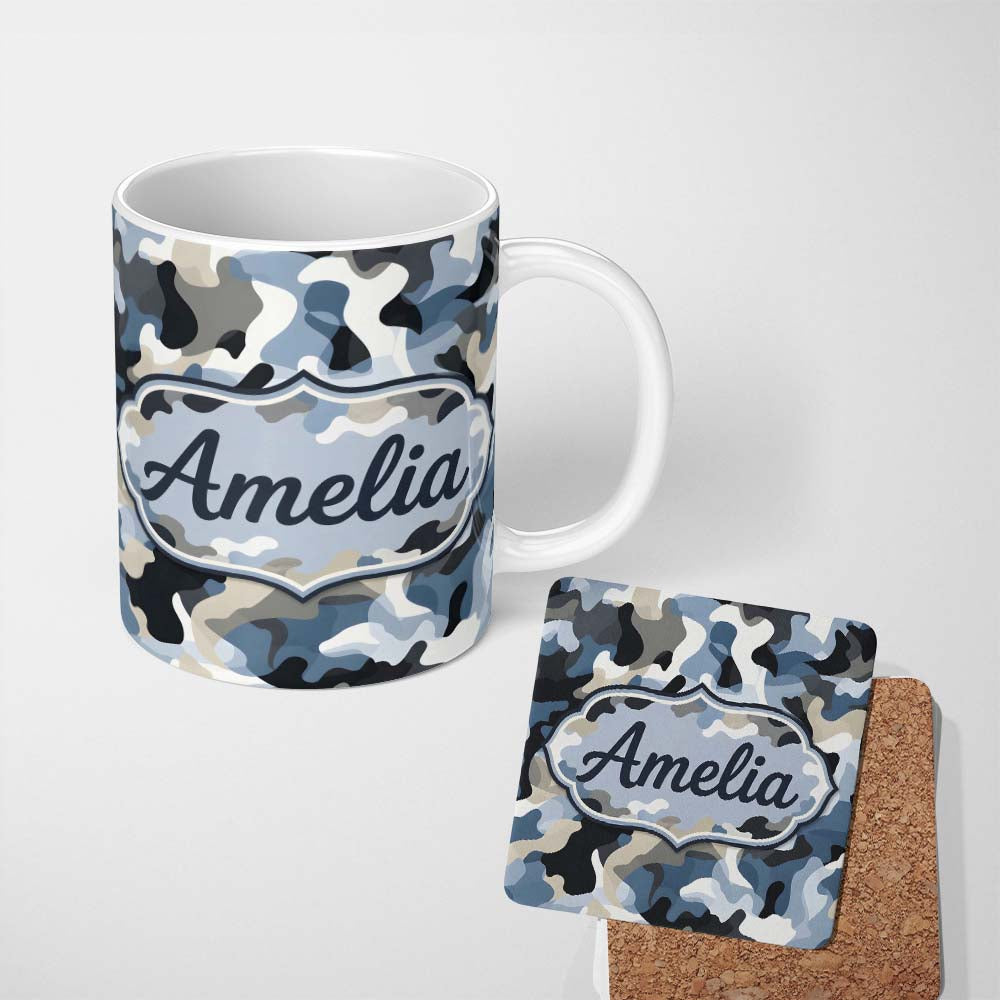 Personalized Custom Name Blue Grey Urban Camouflage Seamless Pattern Thoughtful Gift Idea 11oz Ceramic Coffee Tea Mug White Large Handle