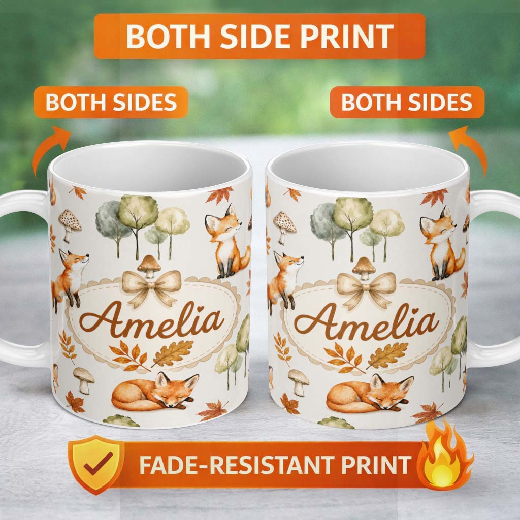Personalized Custom Name Watercolor Woodland Fox Mushroom Autumn on Light Grey Background 11oz Ceramic Coffee Tea Mug White Large Handle