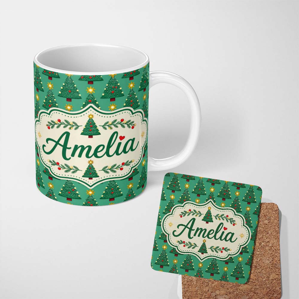 Personalized Custom Name Festive Christmas Trees with Golden Star Toppers and Snow Dots 11oz Ceramic Coffee Tea Mug White Large Handle