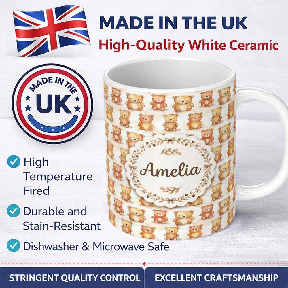 Personalized Custom Name Watercolor Cute Teddy Bear Soft Pastel Seamless Pattern Lovely 11oz Ceramic Coffee Tea Mug White Large Handle