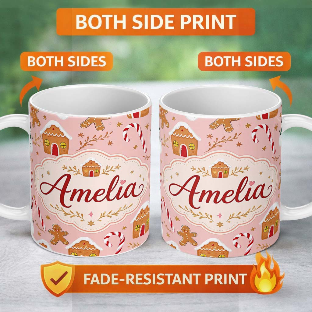 Personalized Custom Name Cute Gingerbread House Candy Cane Snowman Pink Seamless Pattern 11oz Ceramic Coffee Tea Mug White Large Handle