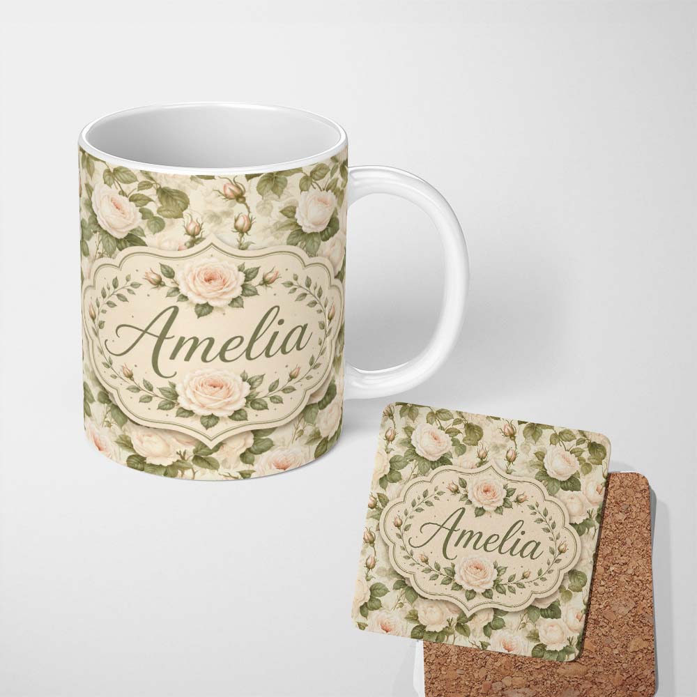 Personalized Custom Name Soft Blush Cream Roses with Green Foliage Seamless Pattern Lovely 11oz Ceramic Coffee Tea Mug White Large Handle