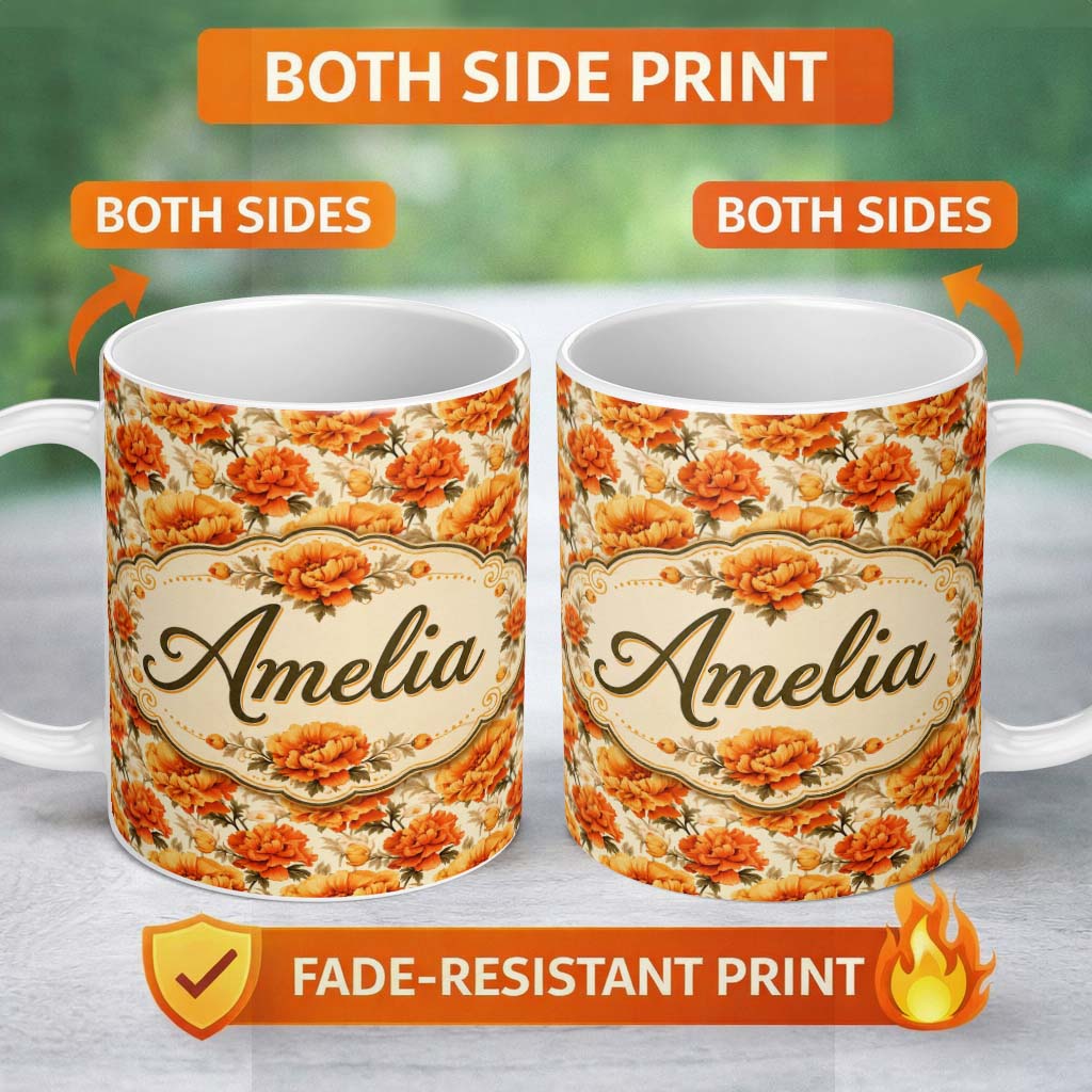 Personalized Custom Name Vibrant Orange Blossom Floral Pattern with Layered Petals and Warm 11oz Ceramic Coffee Tea Mug White Large Handle