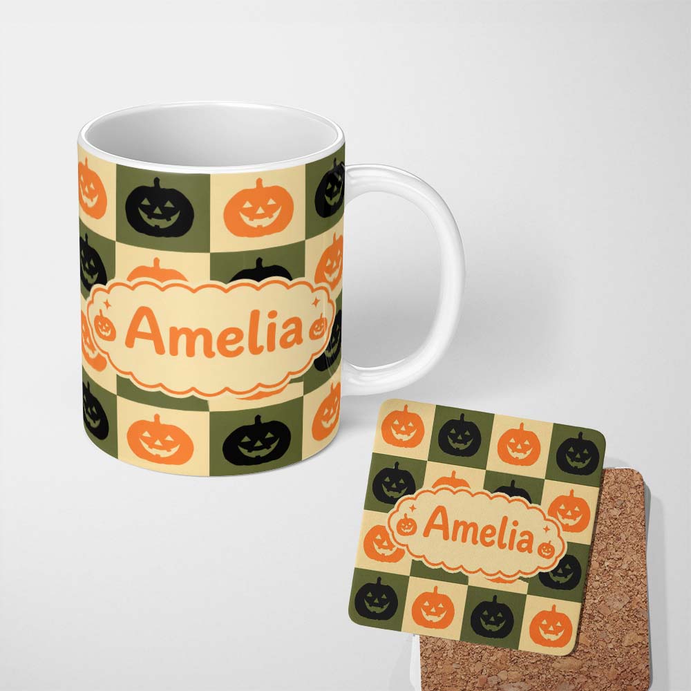 Personalized Custom Name Halloween Pumpkin Faces in Olive and Beige Checkerboard Seamless 11oz Ceramic Coffee Tea Mug White Large Handle