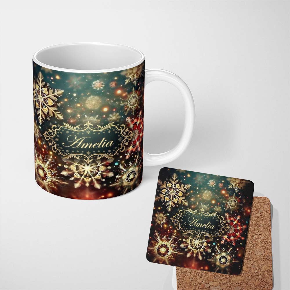 Personalized Custom Name Christmas Snowflake Glitter Seamless Pattern Charming Kitchen Decor 11oz Ceramic Coffee Tea Mug White Large Handle