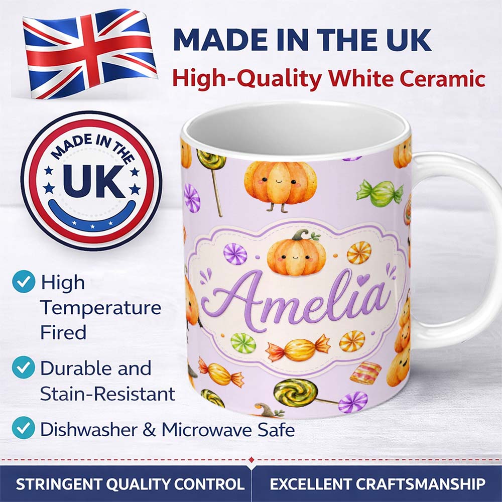 Personalized Custom Name Cute Watercolor Pumpkins and Candy Sweets on Warm Beige Background 11oz Ceramic Coffee Tea Mug White Large Handle