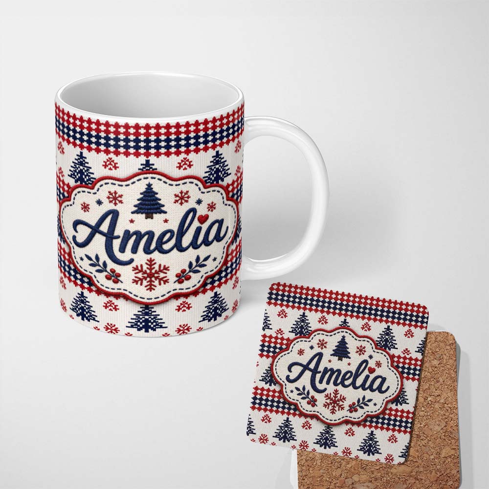 Personalized Custom Name Cute Red White Blue Nordic Christmas Tree Snowflake Seamless Pattern 11oz Ceramic Coffee Tea Mug White Large Handle