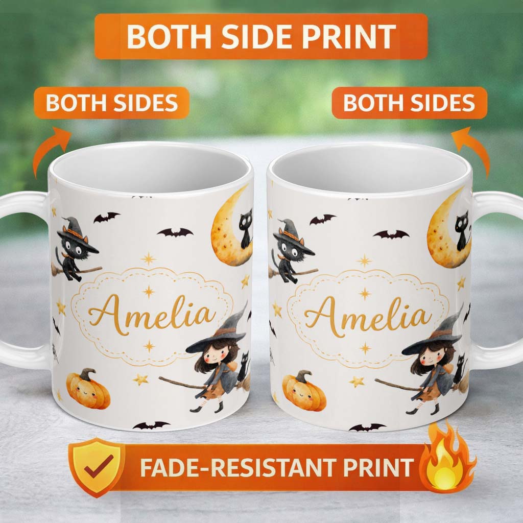 Personalized Custom Name Cute Halloween Witch Girl Cat and Crescent Moon Light Grey Lovely 11oz Ceramic Coffee Tea Mug White Large Handle