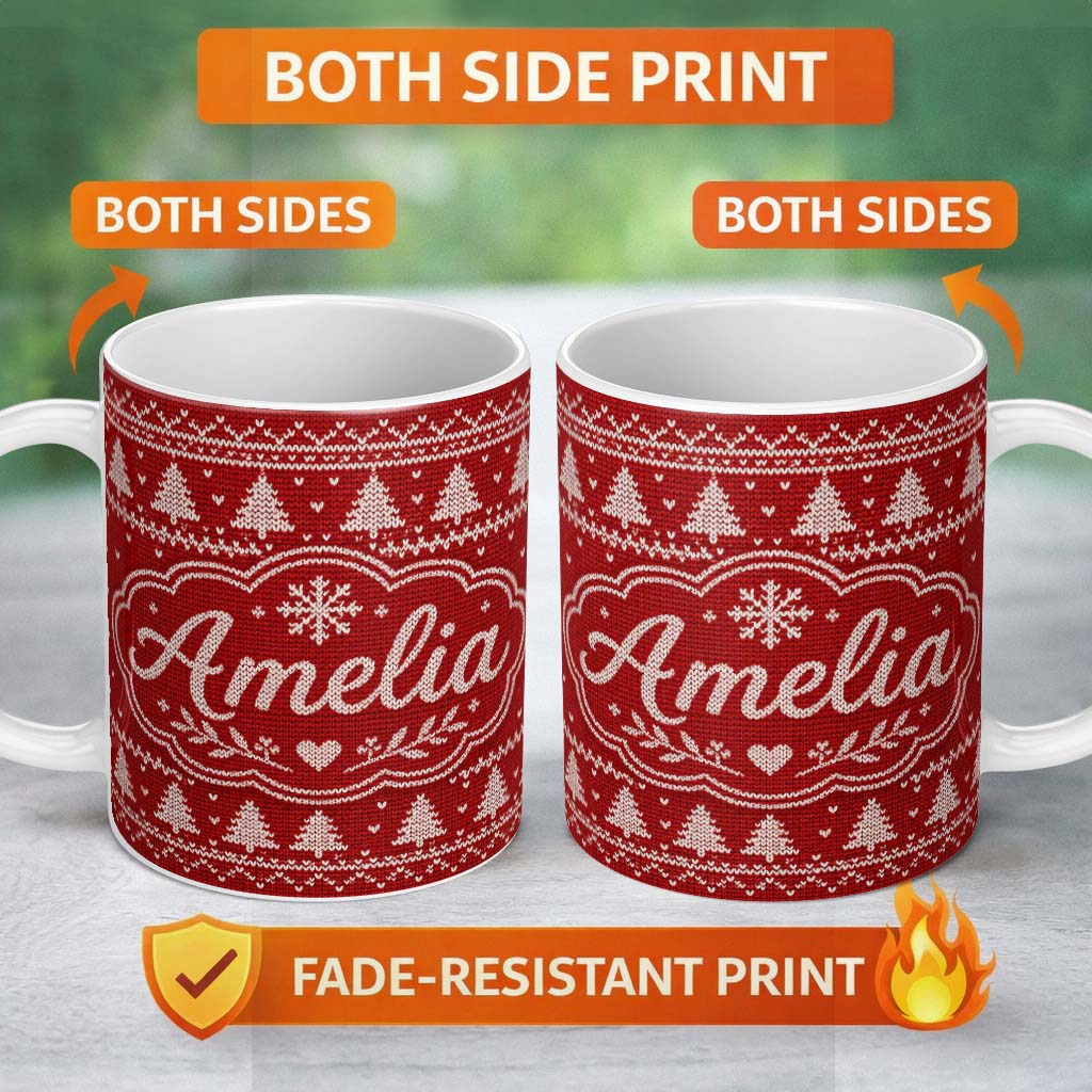 Personalized Custom Name Classic Red White Nordic Knit Snowflake Stripe Pattern Seamless 11oz Ceramic Coffee Tea Mug White Large Handle
