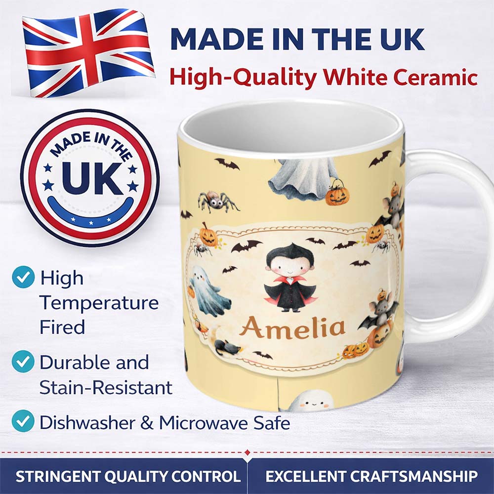 Personalized Custom Name Cute Halloween Dracula Ghost Bats on Warm Beige Background Seamless 11oz Ceramic Coffee Tea Mug White Large Handle