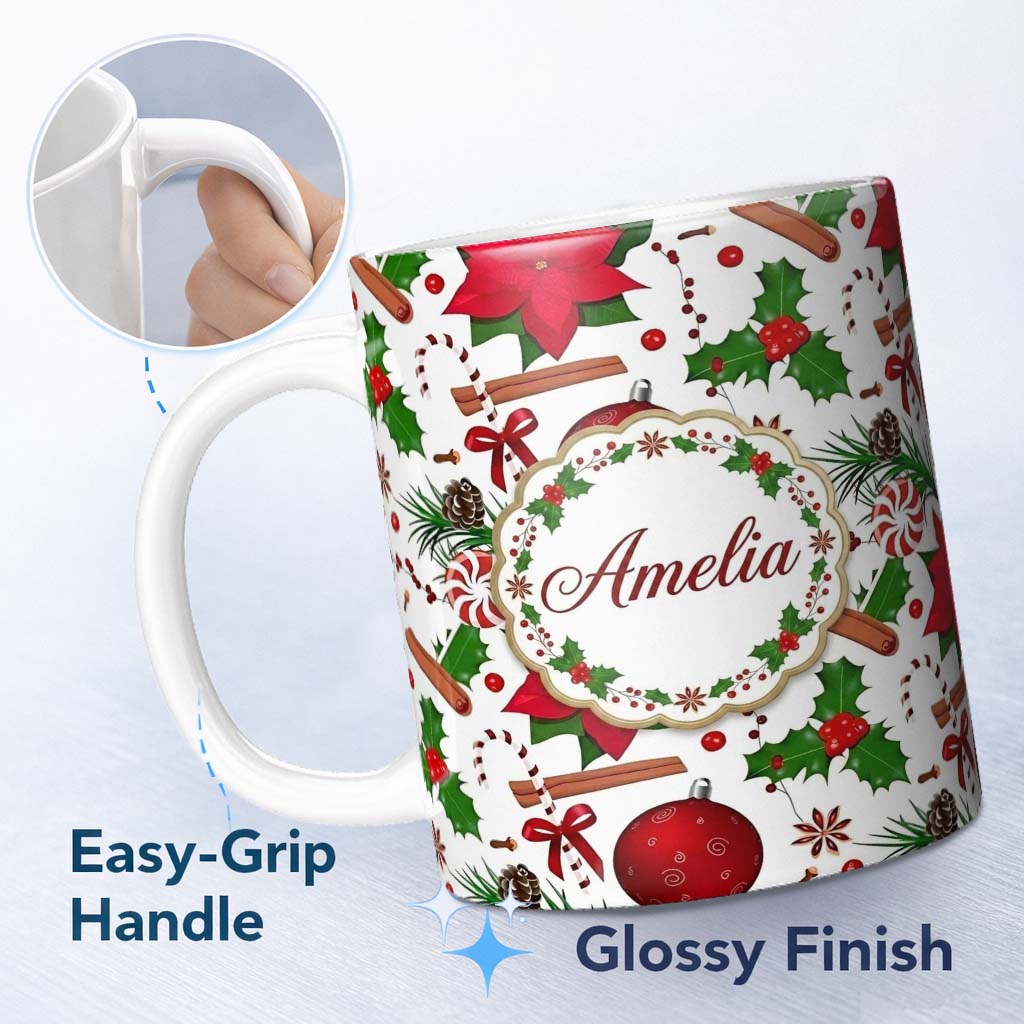 Personalized Custom Name Christmas Poinsettia Candy Cane Holly Berry Ornament Seamless Lovely 11oz Ceramic Coffee Tea Mug White Large Handle