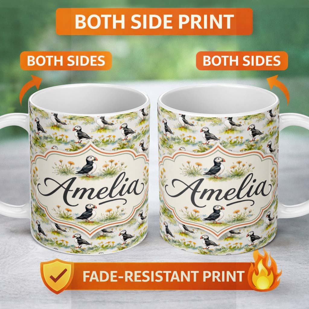 Personalized Custom Name Watercolor Puffin Birds in Floral Meadow Garden Seamless Pattern 11oz Ceramic Coffee Tea Mug White Large Handle