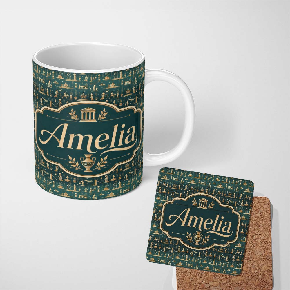 Personalized Custom Name Ancient Greek Scene Architecture and Figures Seamless Pattern Lovely 11oz Ceramic Coffee Tea Mug White Large Handle
