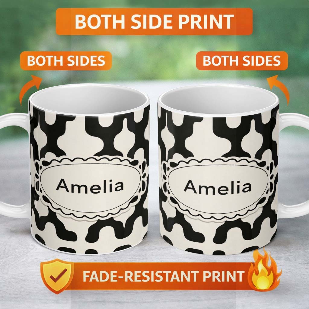 Personalized Custom Name Retro Blob Shapes Black Cream Mid Century Abstract Pattern Lovely 11oz Ceramic Coffee Tea Mug White Large Handle