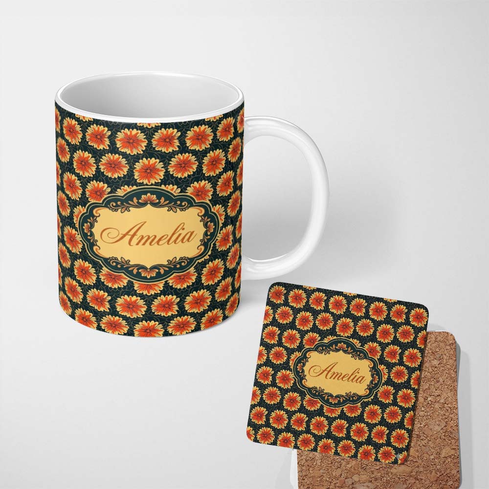 Personalized Custom Name Bold Orange Floral Pattern on Dark Background Seamless Pattern 11oz Ceramic Coffee Tea Mug White Large Handle