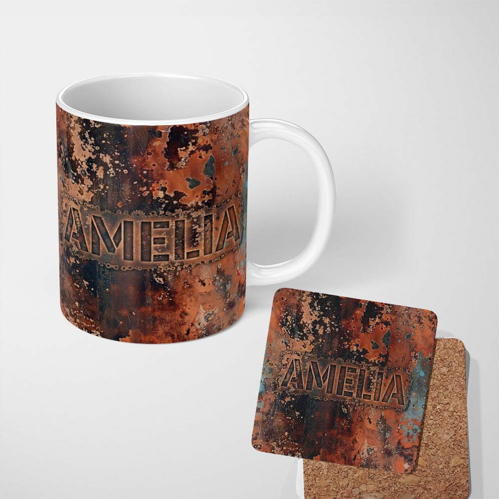 Personalized Custom Name Vertical Rust Drip Texture Dark Industrial Grunge Seamless Pattern 11oz Ceramic Coffee Tea Mug White Large Handle