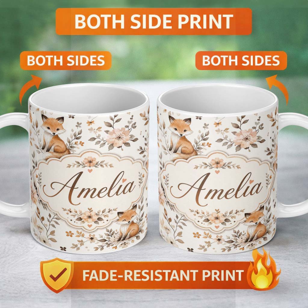 Personalized Custom Name Cute Watercolor Fox with Floral Leaves Seamless Pattern Lovely 11oz Ceramic Coffee Tea Mug White Large Handle