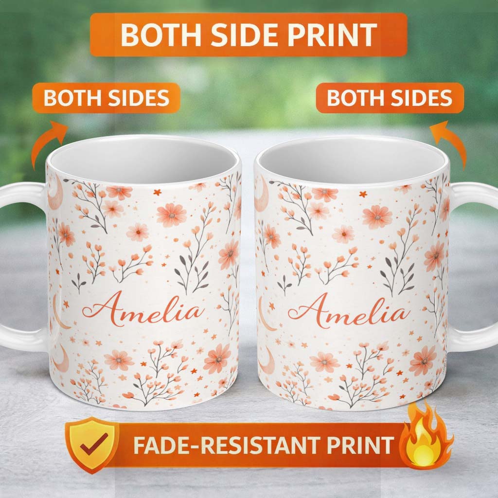 Personalized Custom Name Blush Floral Botanical Moon Pattern Seamless Elegant Watercolour 11oz Ceramic Coffee Tea Mug White Large Handle