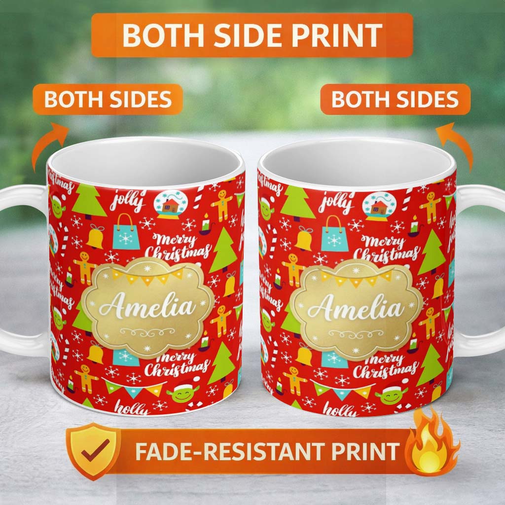 Personalized Custom Name Merry Christmas Holly Jolly Tree Candy Cane Snowflake Festive Lovely 11oz Ceramic Coffee Tea Mug White Large Handle