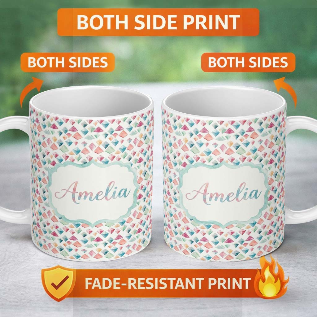 Personalized Custom Name Watercolor Cherry Bow Ribbon Pink Gingham Picnic Check Seamless 11oz Ceramic Coffee Tea Mug White Large Handle