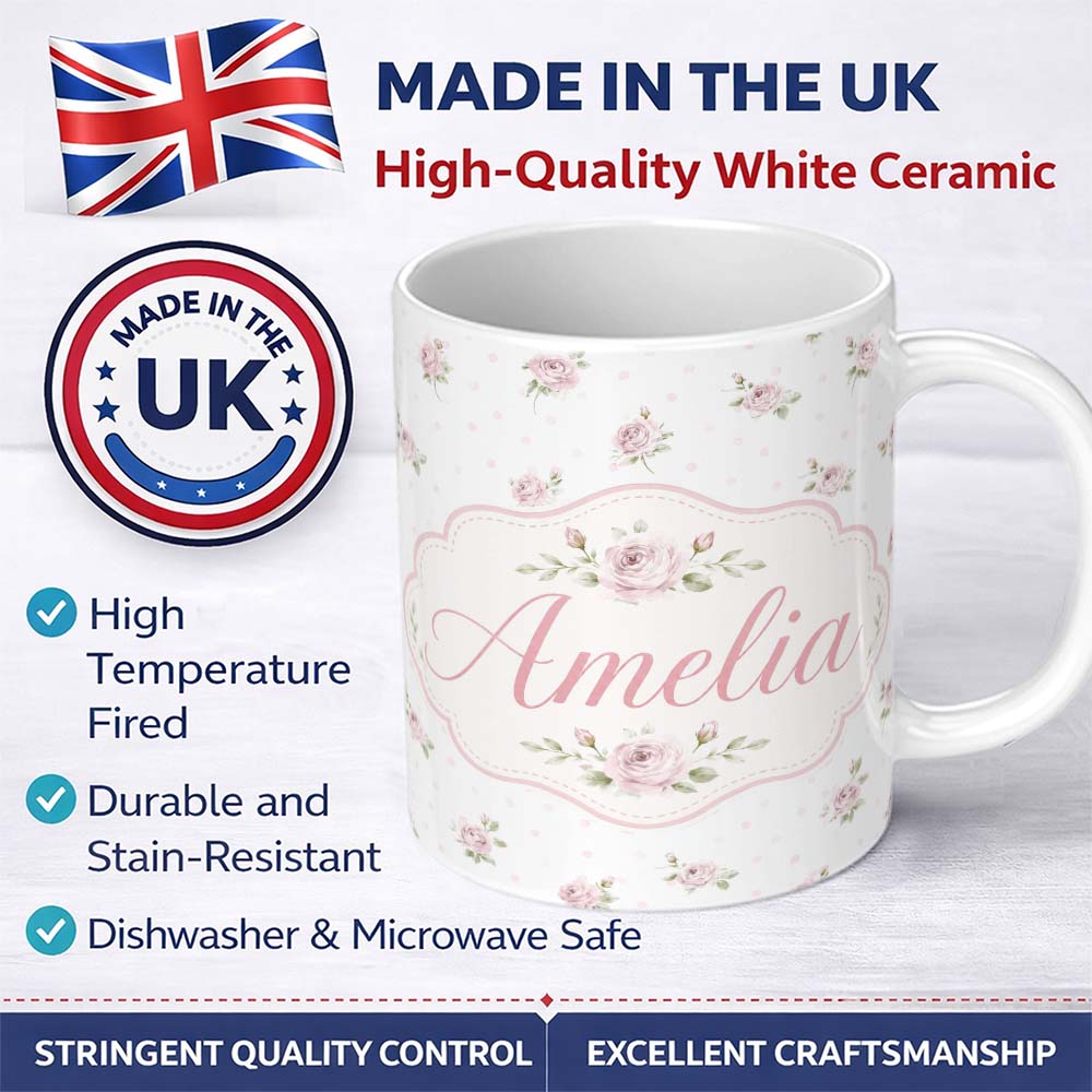 Personalized Custom Name Soft Pink Roses Polka Dot Background Vintage Seamless Pattern Lovely 11oz Ceramic Coffee Tea Mug White Large Handle
