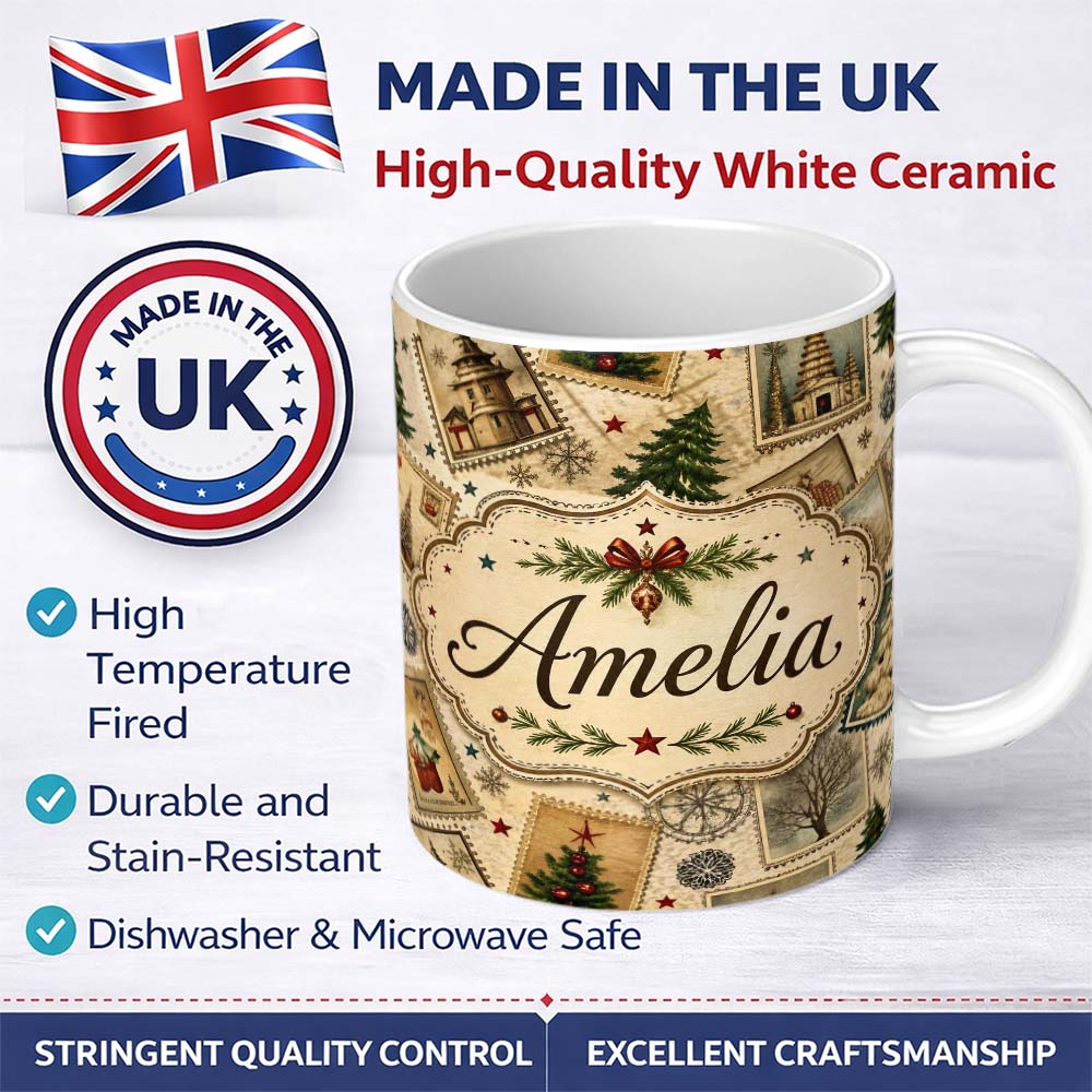 Personalized Custom Name Vintage Christmas Stamps with Trees Snowflakes and Festive Scenes 11oz Ceramic Coffee Tea Mug White Large Handle