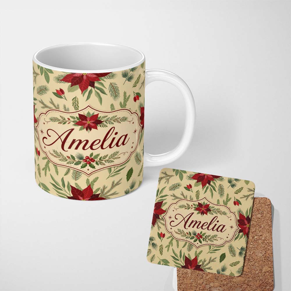Personalized Custom Name Minimal Christmas Botanical Leaves Pine Branches Festive Holiday 11oz Ceramic Coffee Tea Mug White Large Handle