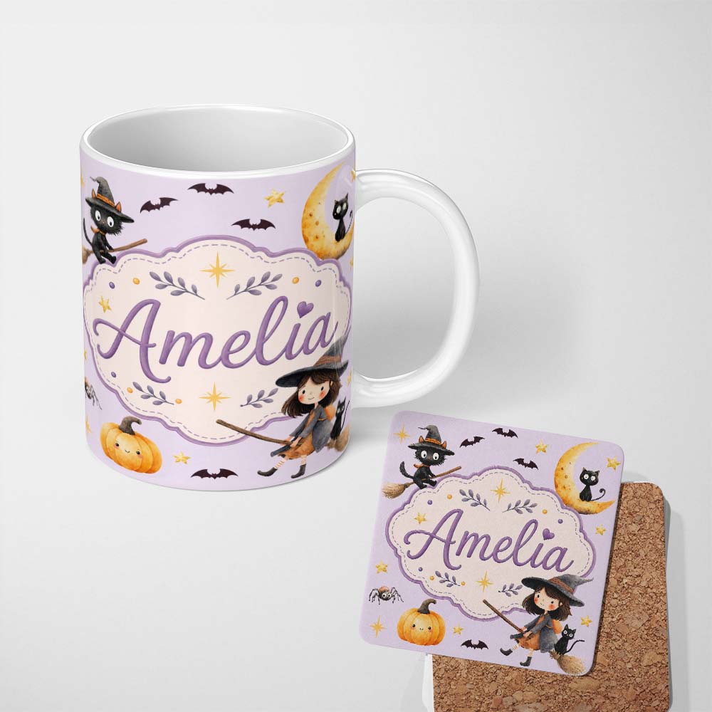 Personalized Custom Name Halloween Witch Cat Moon Stars Spooky Night Lilac Seamless Pattern 11oz Ceramic Coffee Tea Mug White Large Handle