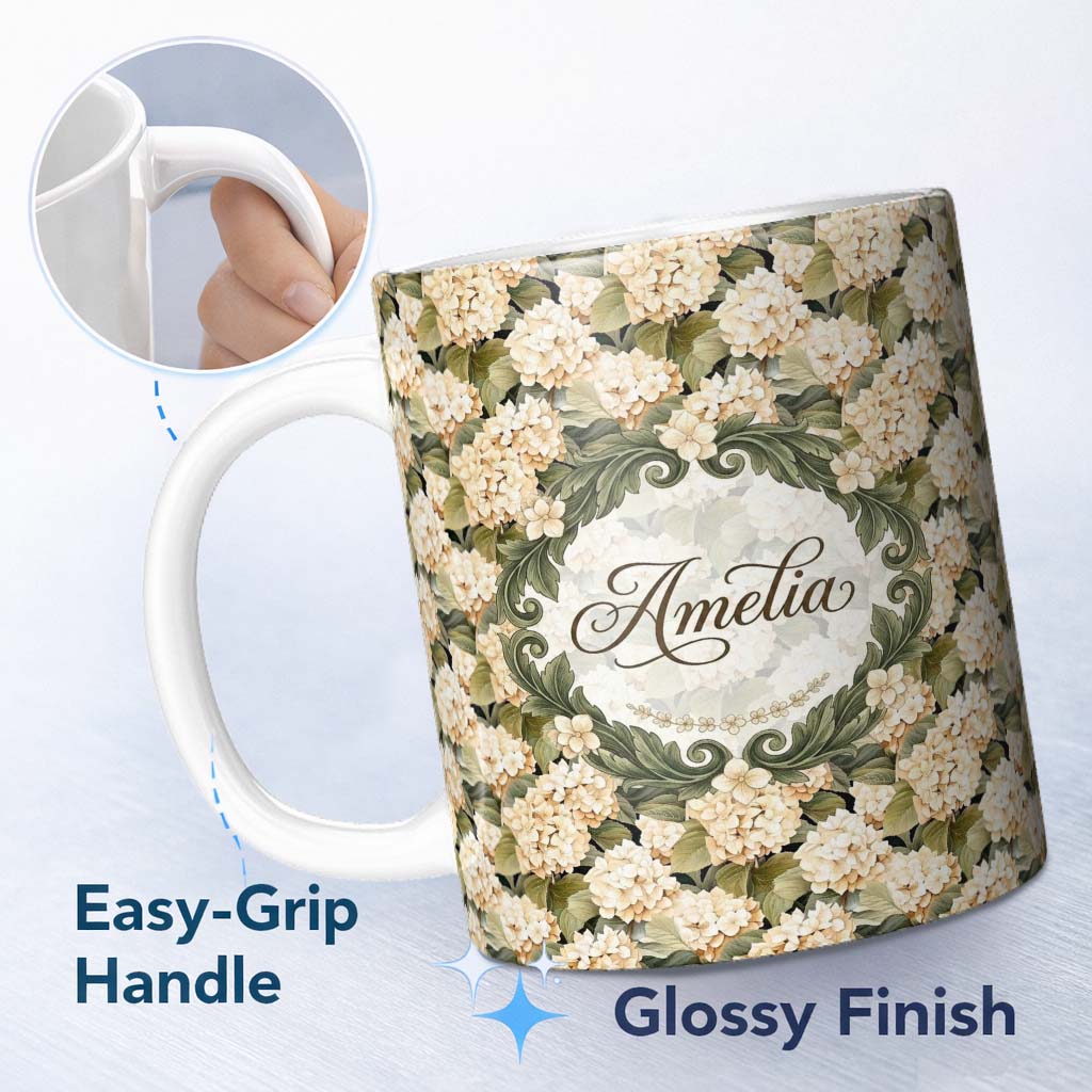 Personalized Custom Name Warm Beige Cream Hydrangea Floral Seamless Pattern Cute Unique Gift 11oz Ceramic Coffee Tea Mug White Large Handle