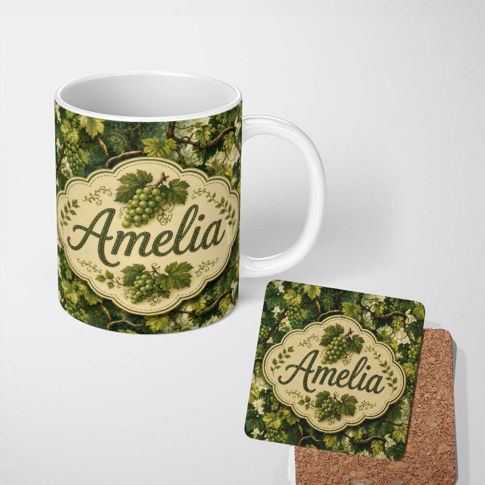 Personalized Custom Name Green Grape Vine Leaves Botanical Seamless Pattern Cute Unique Gift 11oz Ceramic Coffee Tea Mug White Large Handle