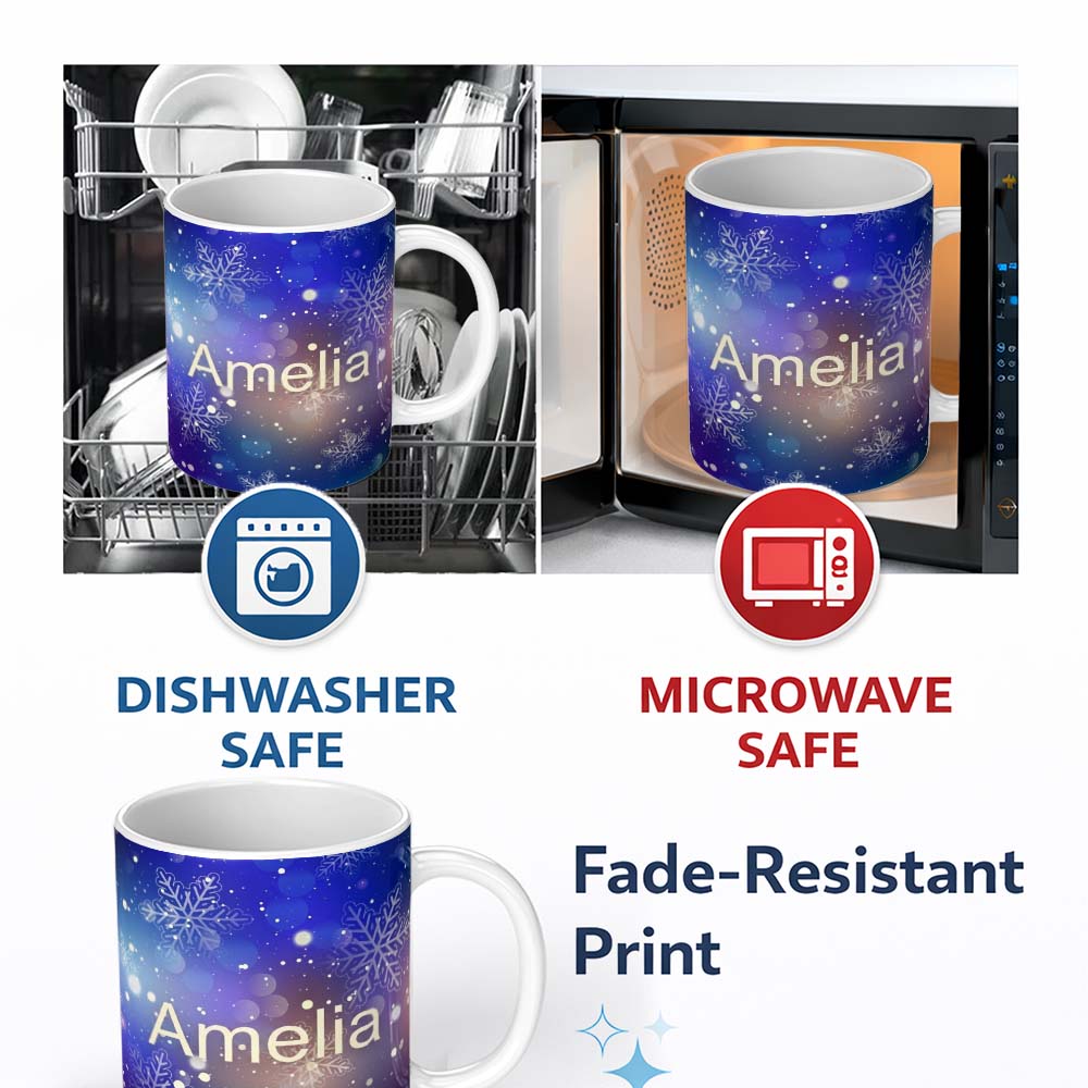 Personalized Custom Name Blue Snowflake Bokeh Winter Seamless Pattern Design Soft Glow Lovely 11oz Ceramic Coffee Tea Mug White Large Handle