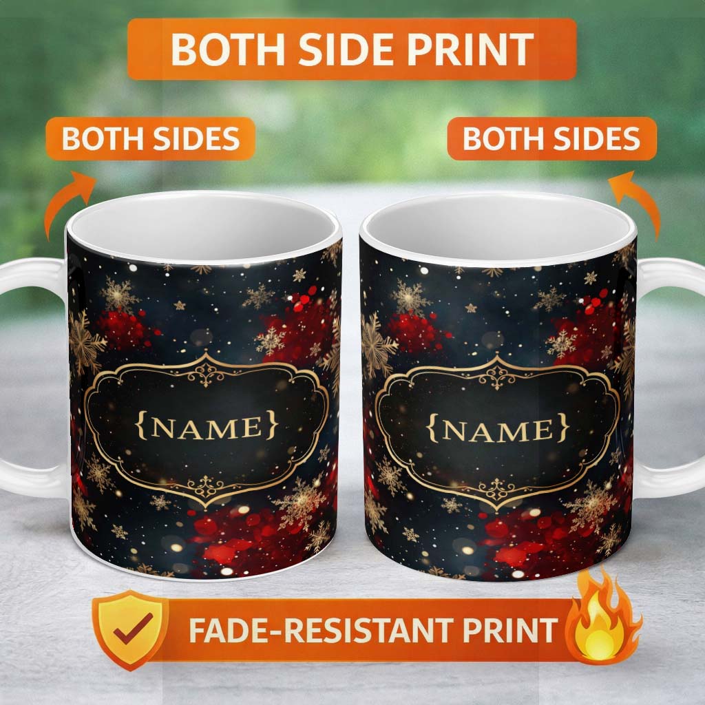 Personalized Custom Name Dark Festive Snowflake Sparkle Seamless Pattern Perfect Gift for Her 11oz Ceramic Coffee Tea Mug White Large Handle