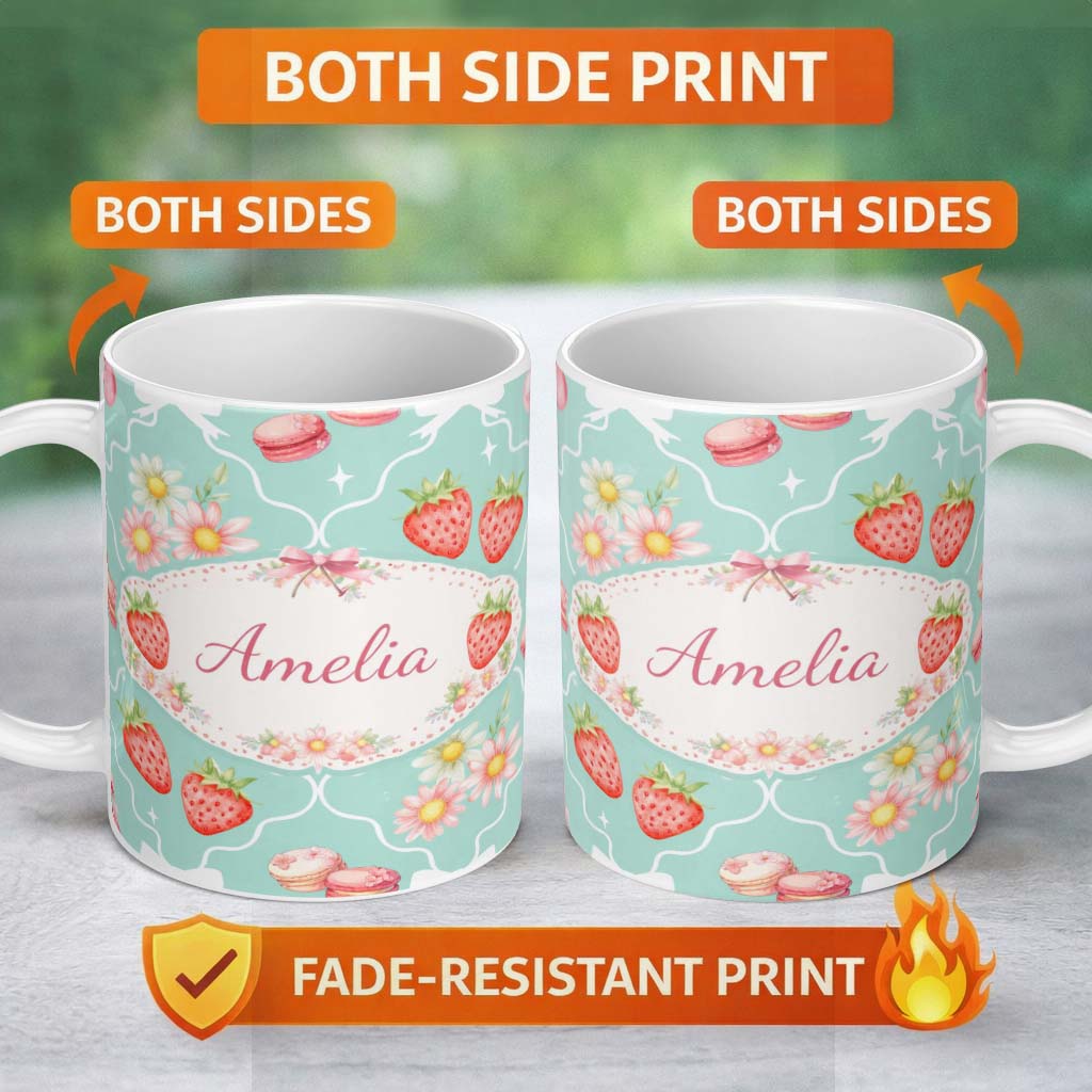 Personalized Custom Name Strawberry Cherry Daisy Seamless Pattern Teal Cute Coquette Floral 11oz Ceramic Coffee Tea Mug White Large Handle