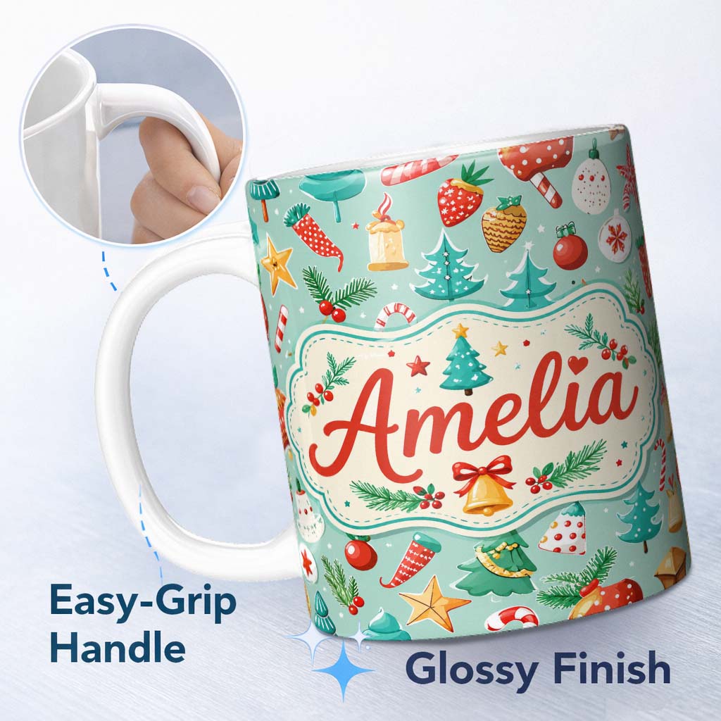 Personalized Custom Name Watercolor Christmas Tree Strawberry Ornament Seamless Pattern 11oz Ceramic Coffee Tea Mug White Large Handle