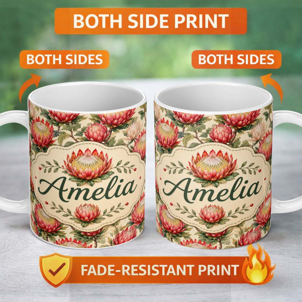 Personalized Custom Name Red and Cream Protea Floral Botanical Seamless Pattern Lovely 11oz Ceramic Coffee Tea Mug White Large Handle