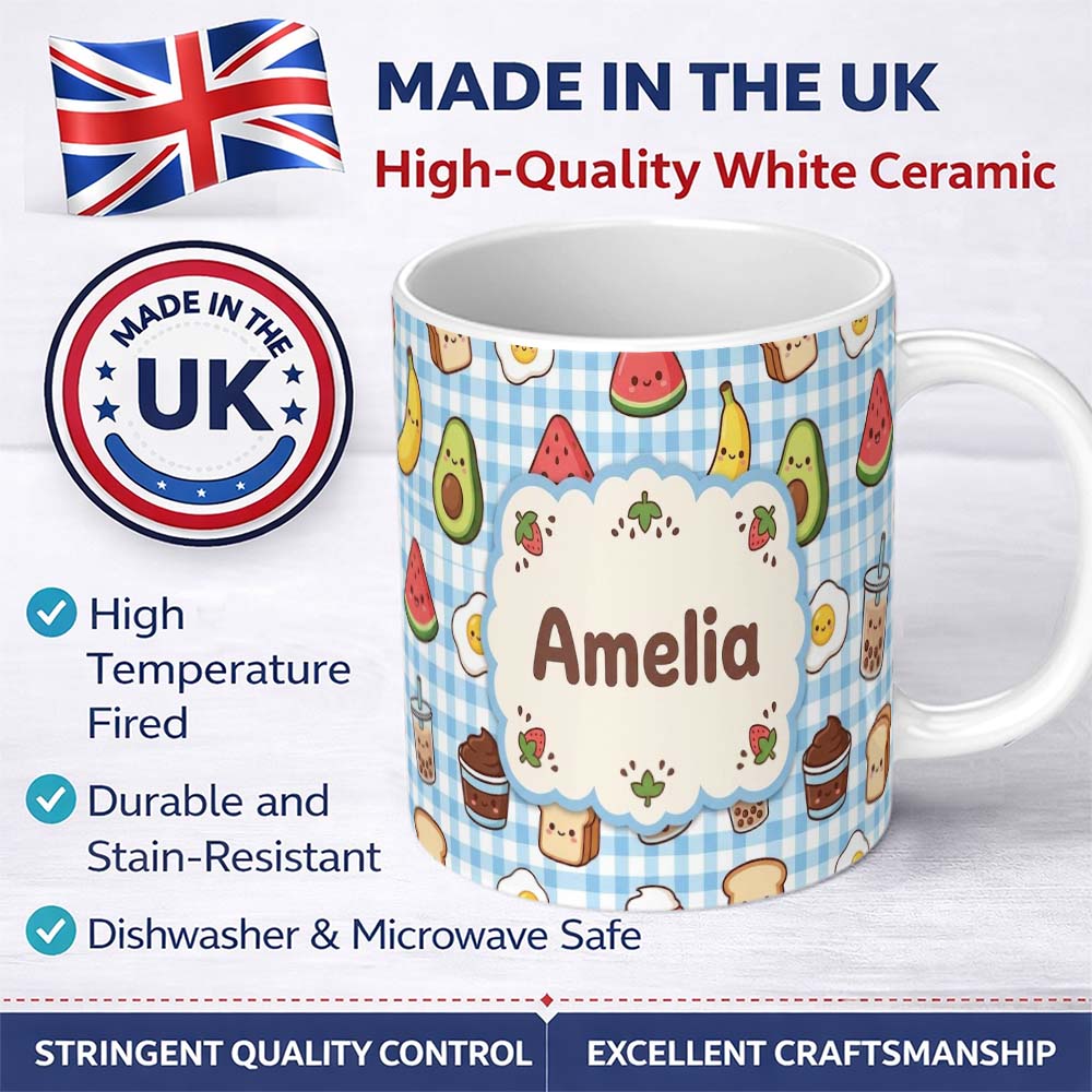 Personalized Custom Name Cute Kawaii Food Collage Pattern Sweet Treats And Drinks Lovely 11oz Ceramic Coffee Tea Mug White Large Handle
